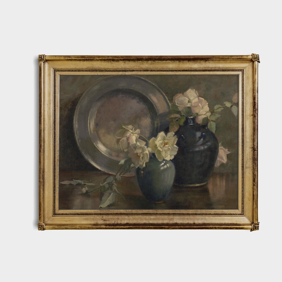 White Roses in Dark Vases with Pewter Plate Still Life Poster - Image 3