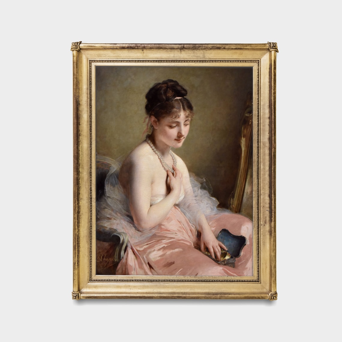 Elegant Woman in a Pink Satin Gown with Pearls Vintage Wall Art - Image 2