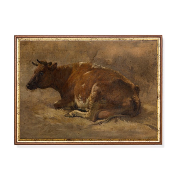 Print And Ship Vintage Cow Painting Antique Animal Print Moody Rustic Artwork Mailed Print Farmhouse Country Decor Fine Art