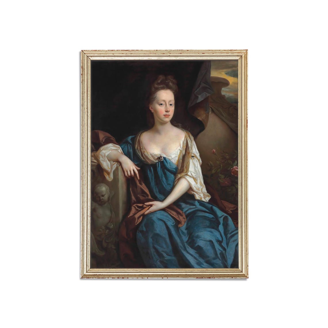 Baroque Lady in Teal Gown Cherub Statue Classic Portrait Poster - Image 3