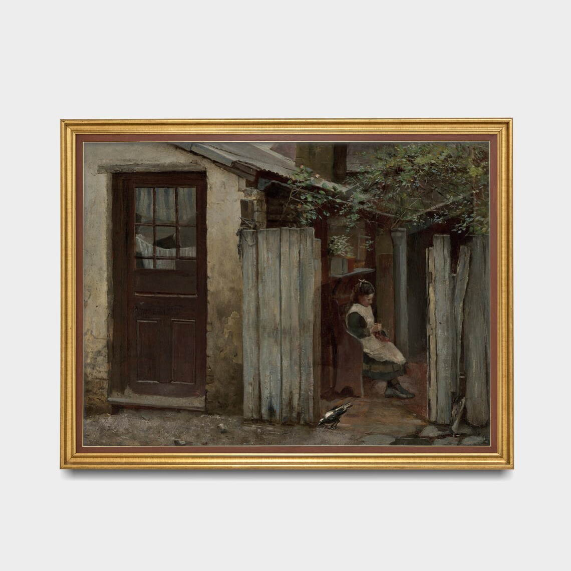 Girl with a Bird in a Courtyard Antique Genre Painting Poster - Image 2