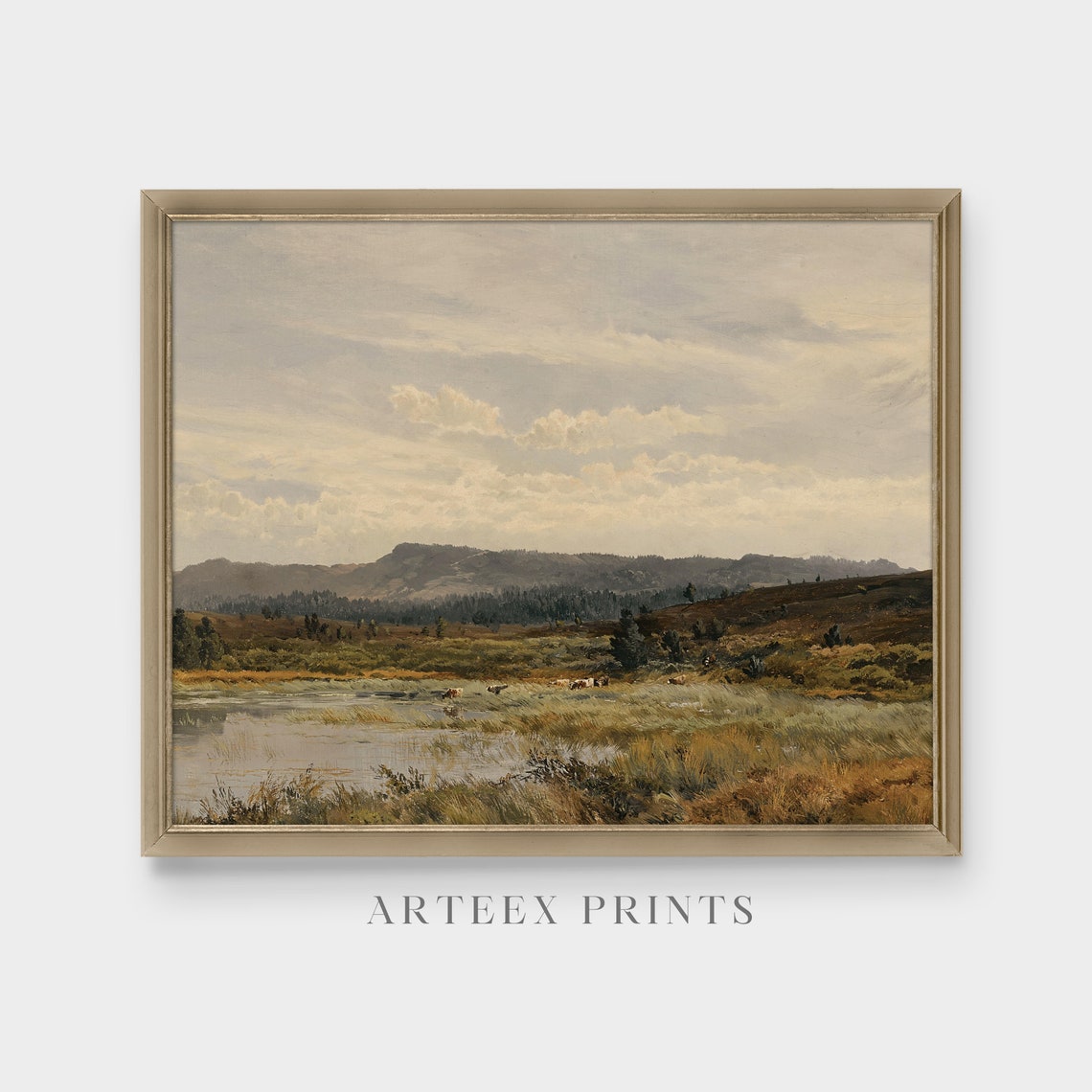 Marshland Pond with Distant Hills Antique Landscape Painting Poster - Image 5