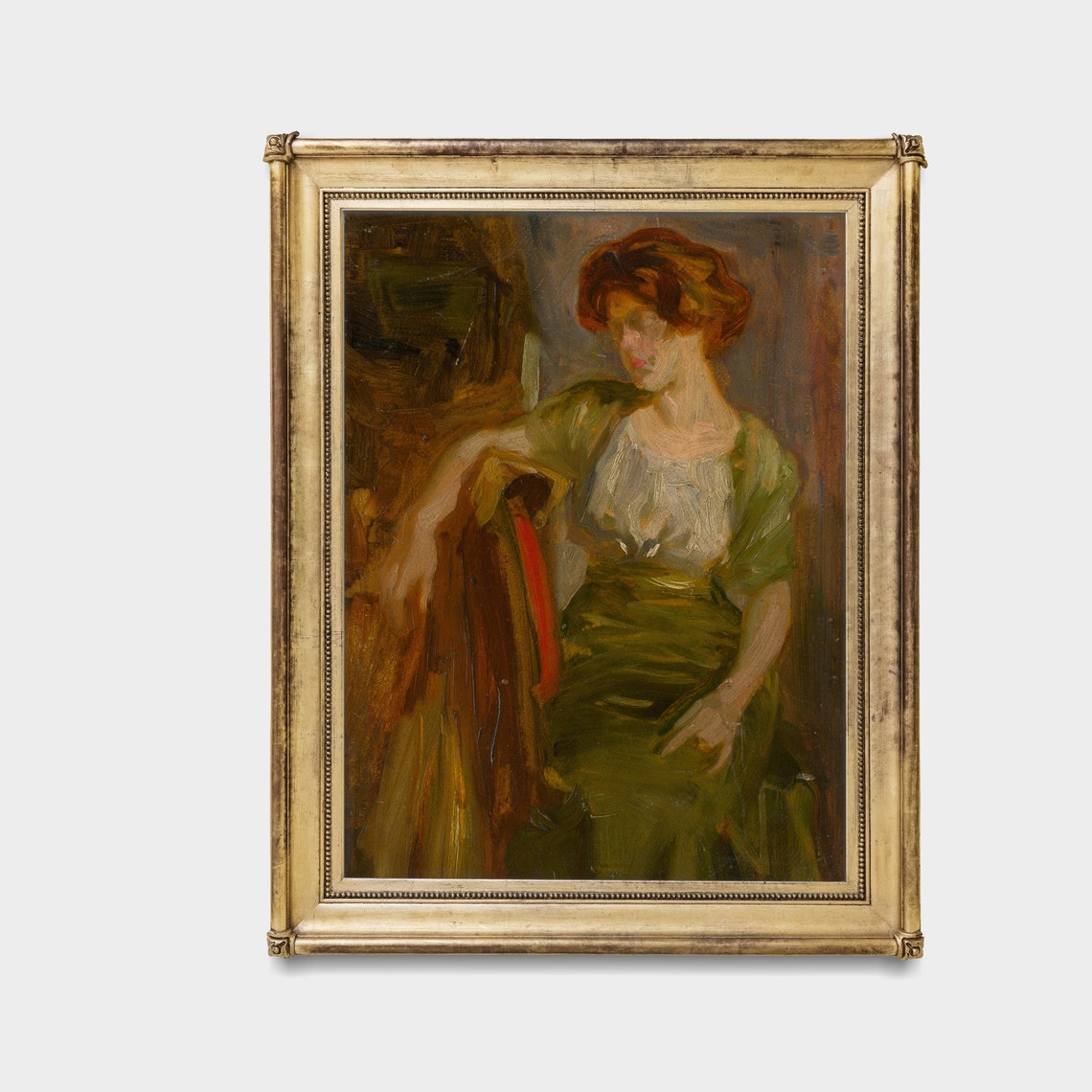 Red-Haired Woman in a Green Dress Seated Impressionist Portrait Poster - Image 3