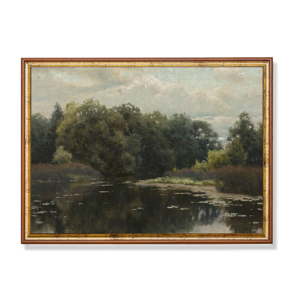 Tranquil Wooded Lake with Water Lilies and Tree Reflections Poster