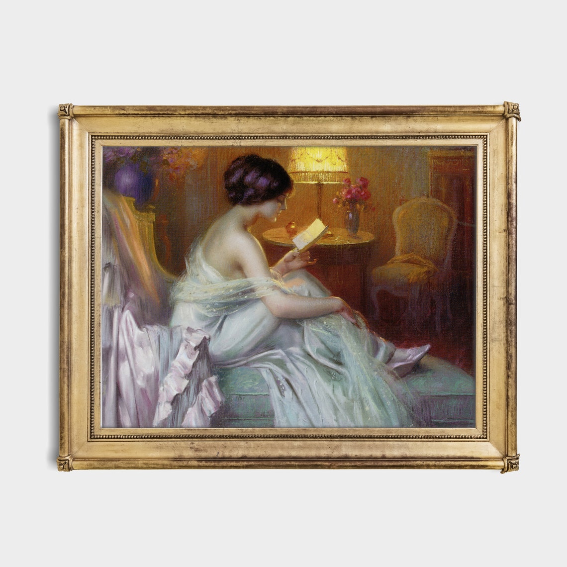 Lady Reading by Lamplight in a Warm Candlelit Evening Interior Poster - Image 2