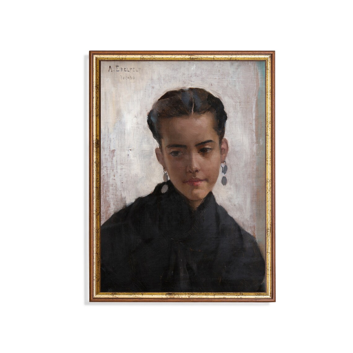 Antique Portrait of a Young Girl in Black Dress Vintage Oil Poster