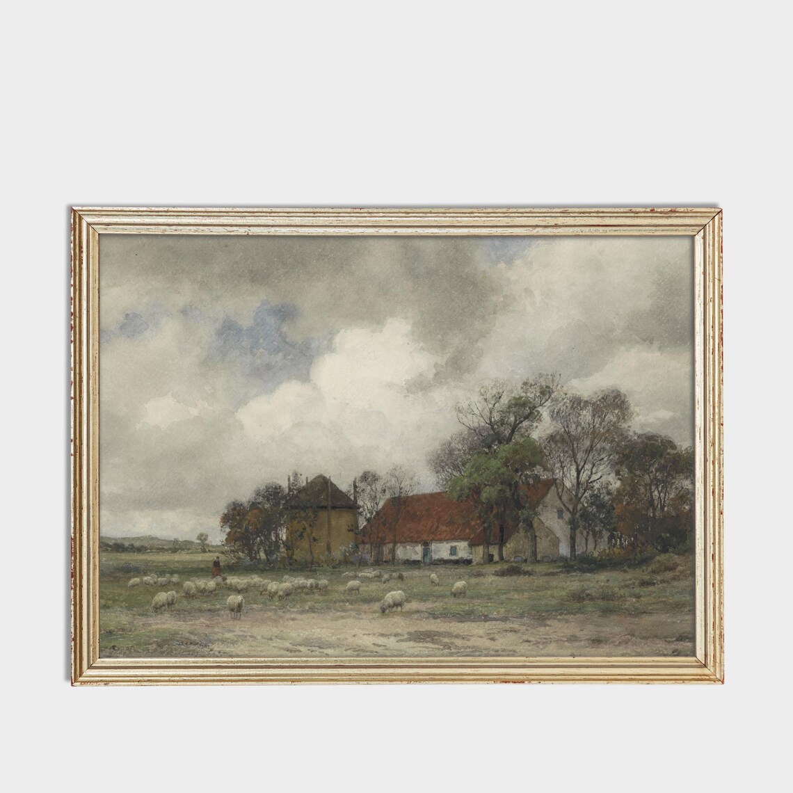 Flock of Sheep with Shepherd near Farmhouses Watercolor Poster - Image 3
