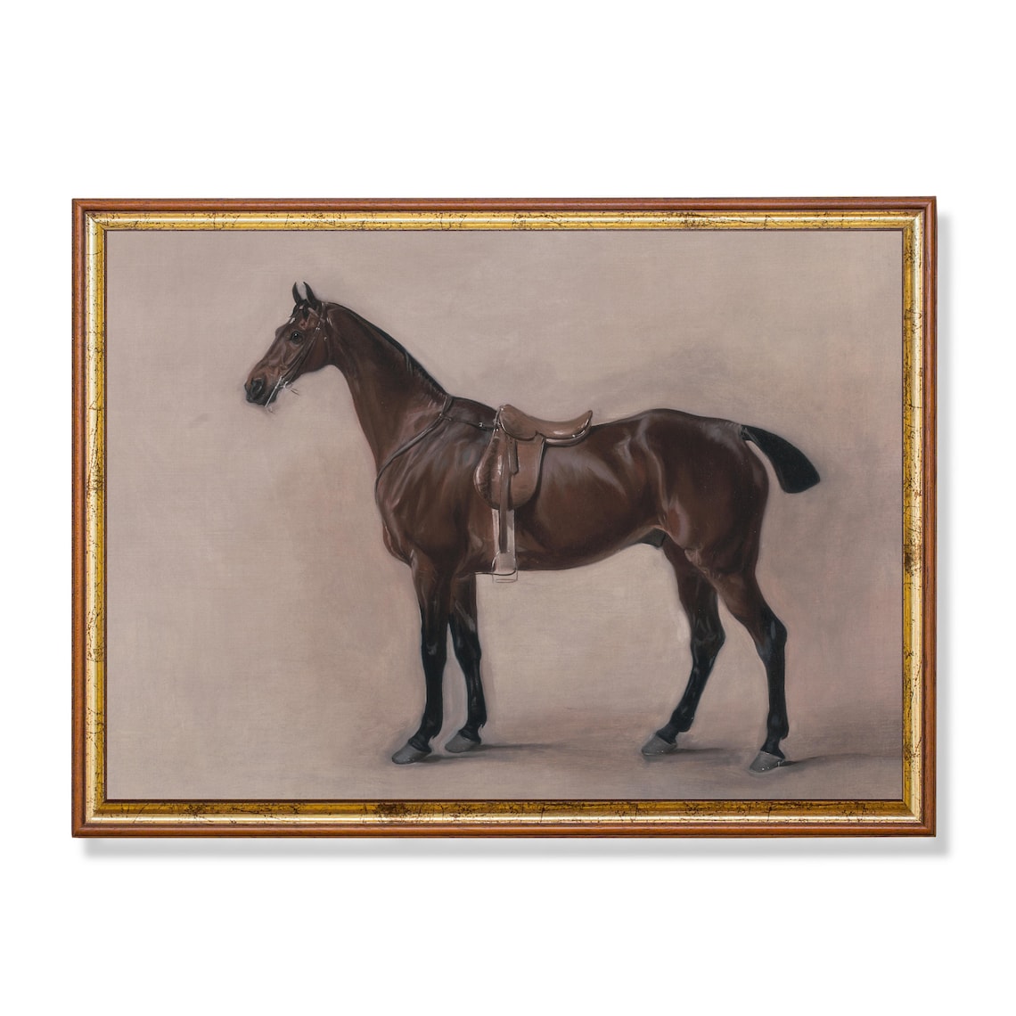 Saddled Bay Horse Standing Profile Antique Equestrian Painting Poster