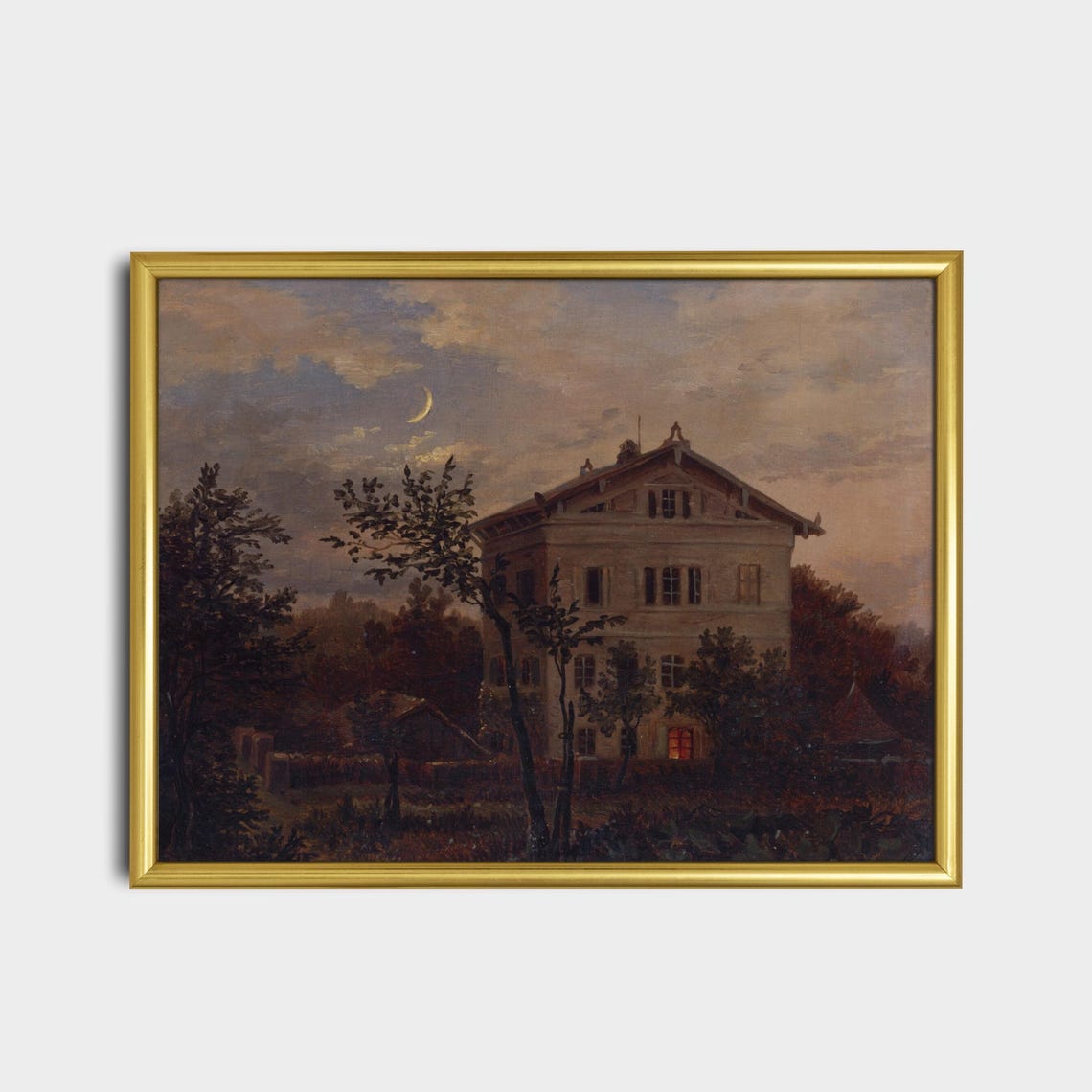 Moonlit Villa with Crescent Moon and a Single Lit Window Night Poster - Image 2
