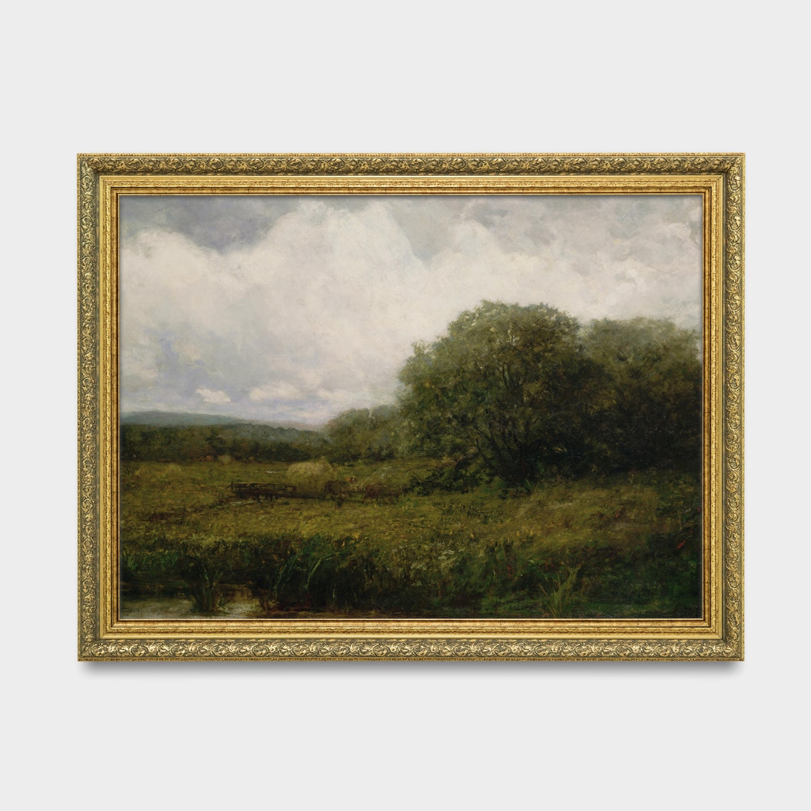 Meadow Stream Haystacks Overcast Sky Antique Country Landscape Poster - Image 3