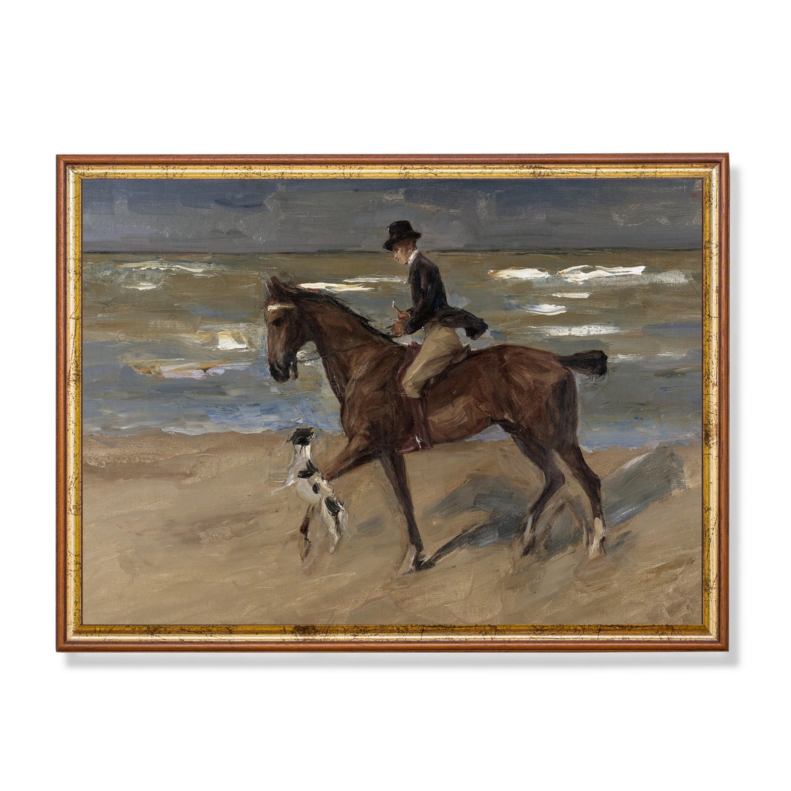 Rider Galloping a Bay Horse Along a Windswept Beach Scene Poster