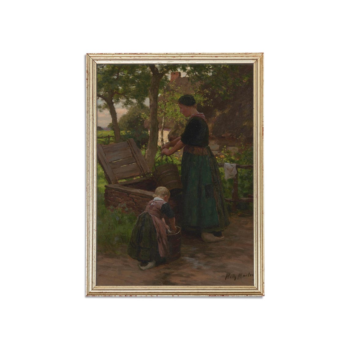 Printed And Shipped Vintage Portrait Painting Antique Woman Portrait Mother And Daughter At The Well Physical Print Figurative Art - Image 3
