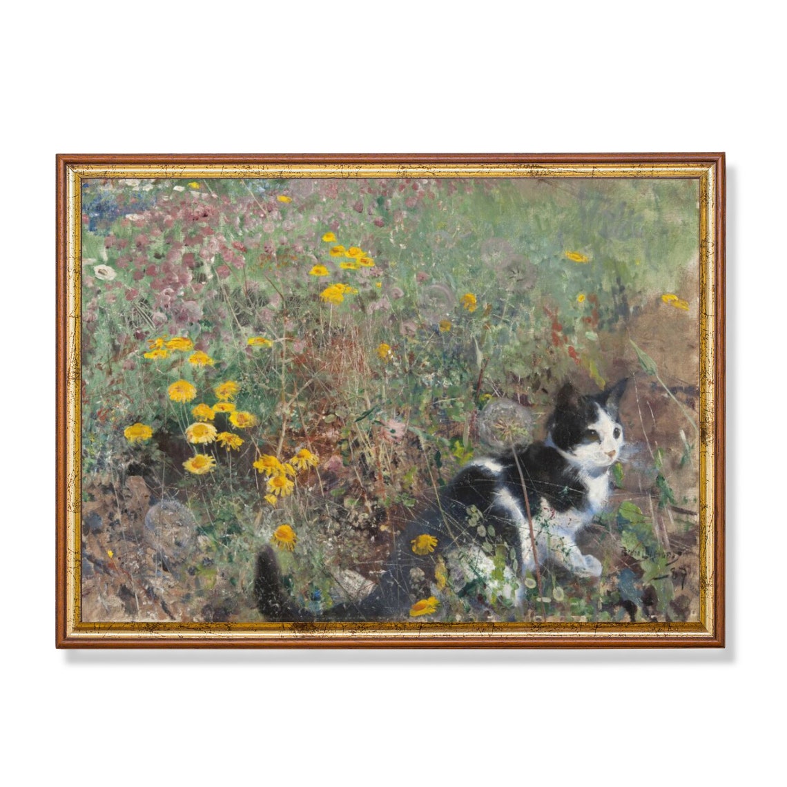 Black and White Cat in Wildflower Meadow Vintage Animal Paint Poster
