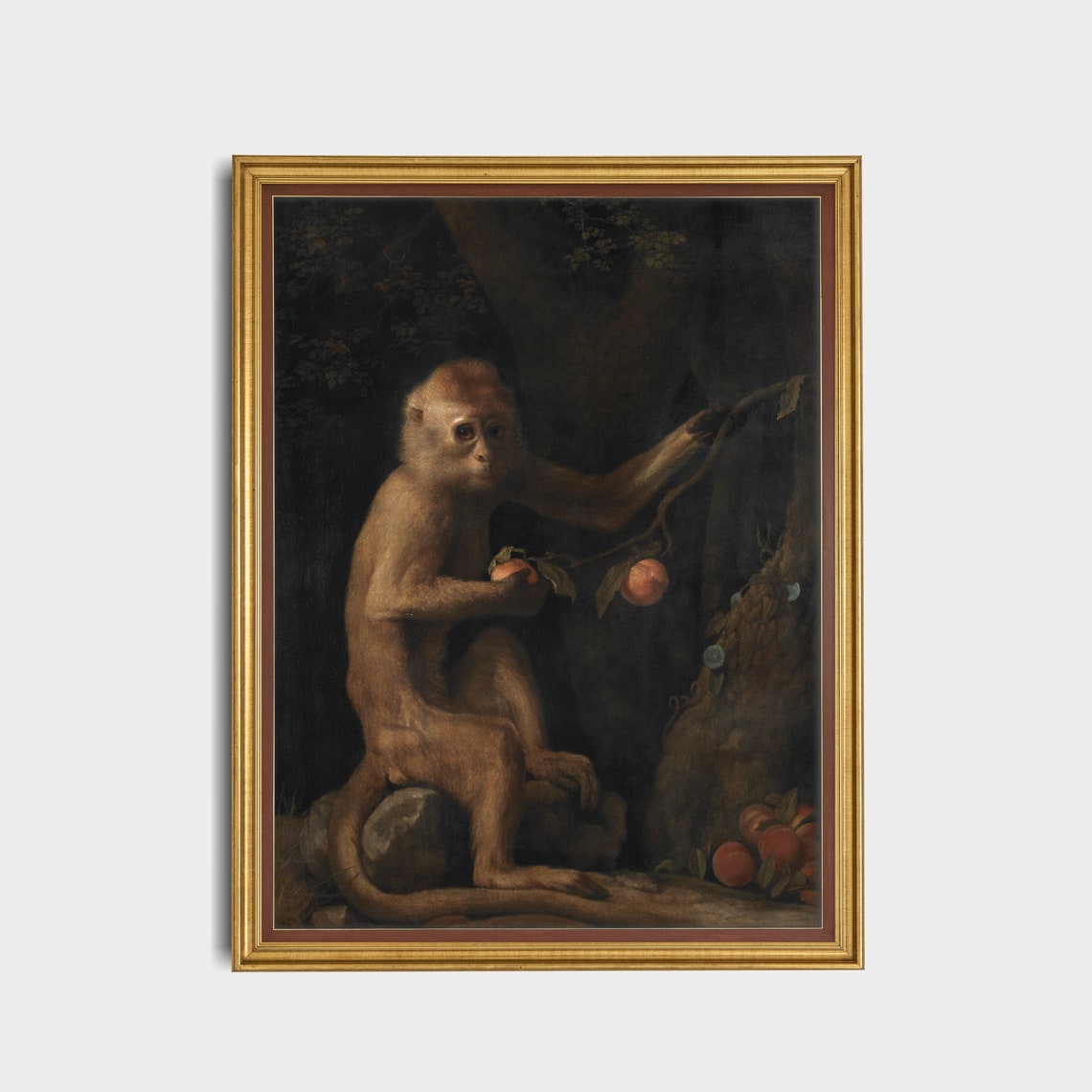 Monkey Holding Fruit In Dark Woods Vintage Primate Oil Painting Poster - Image 2