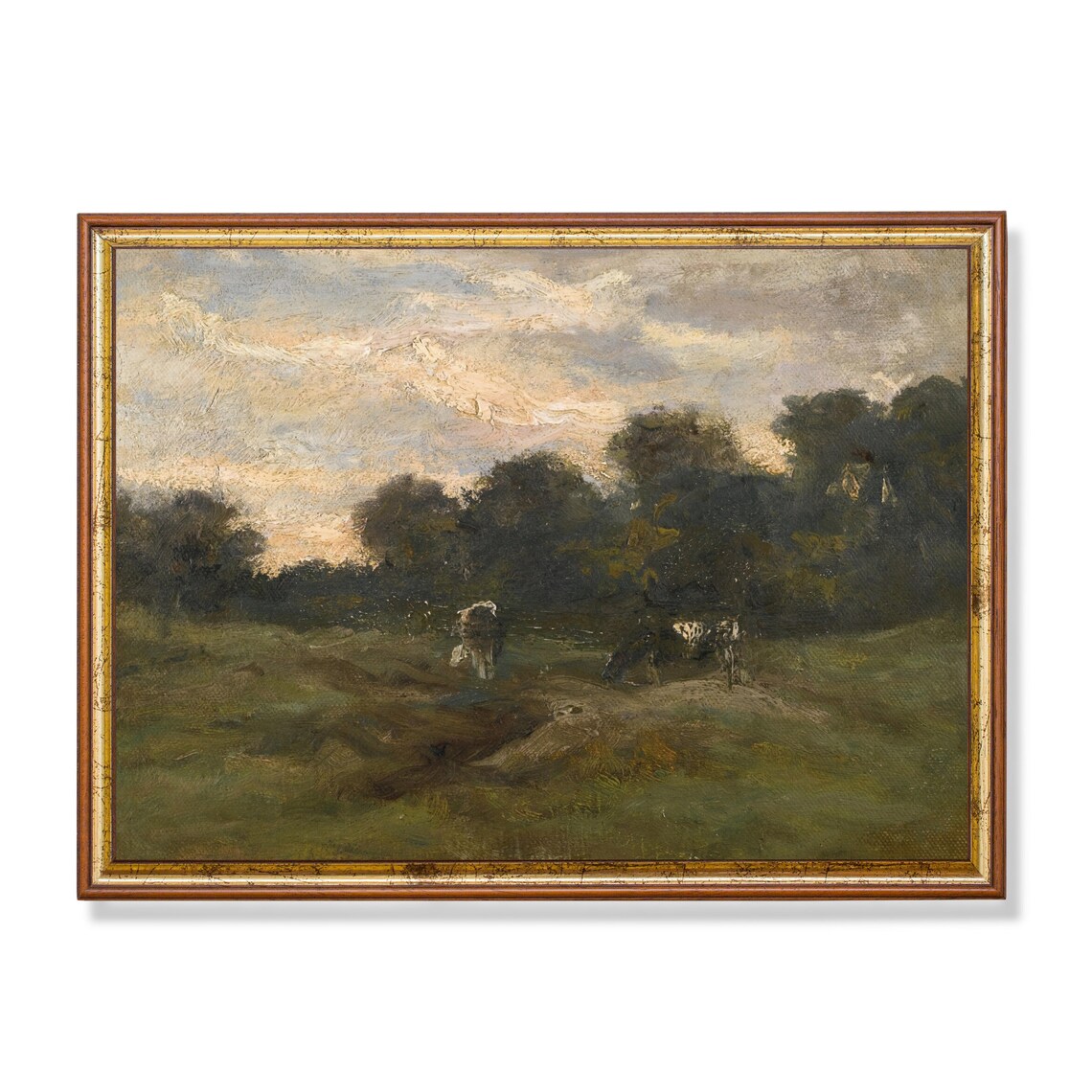 Cows Grazing in Meadow at Stormy Dusk Vintage Oil Painting Poster