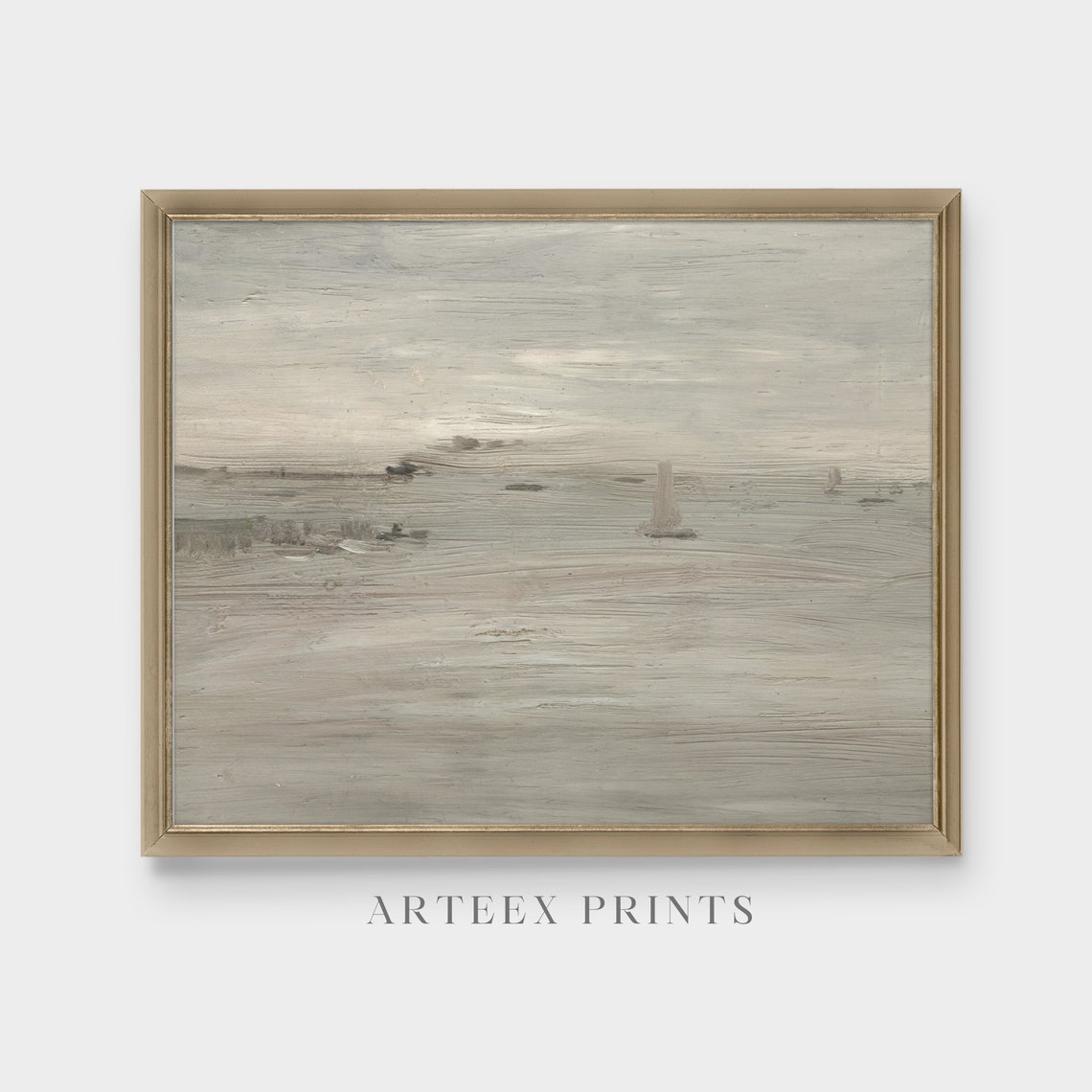 Minimal Gray Seascape With Distant Sailboats Moody Art Poster - Image 4