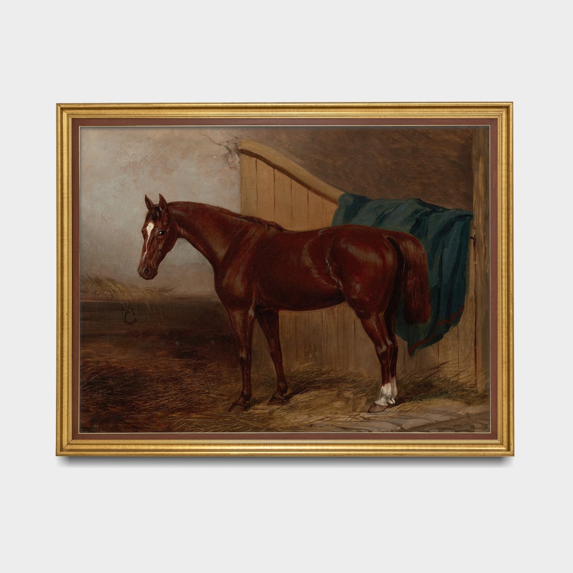 Bay Horse Standing by a Stable Door with a Blue Blanket Poster - Image 3