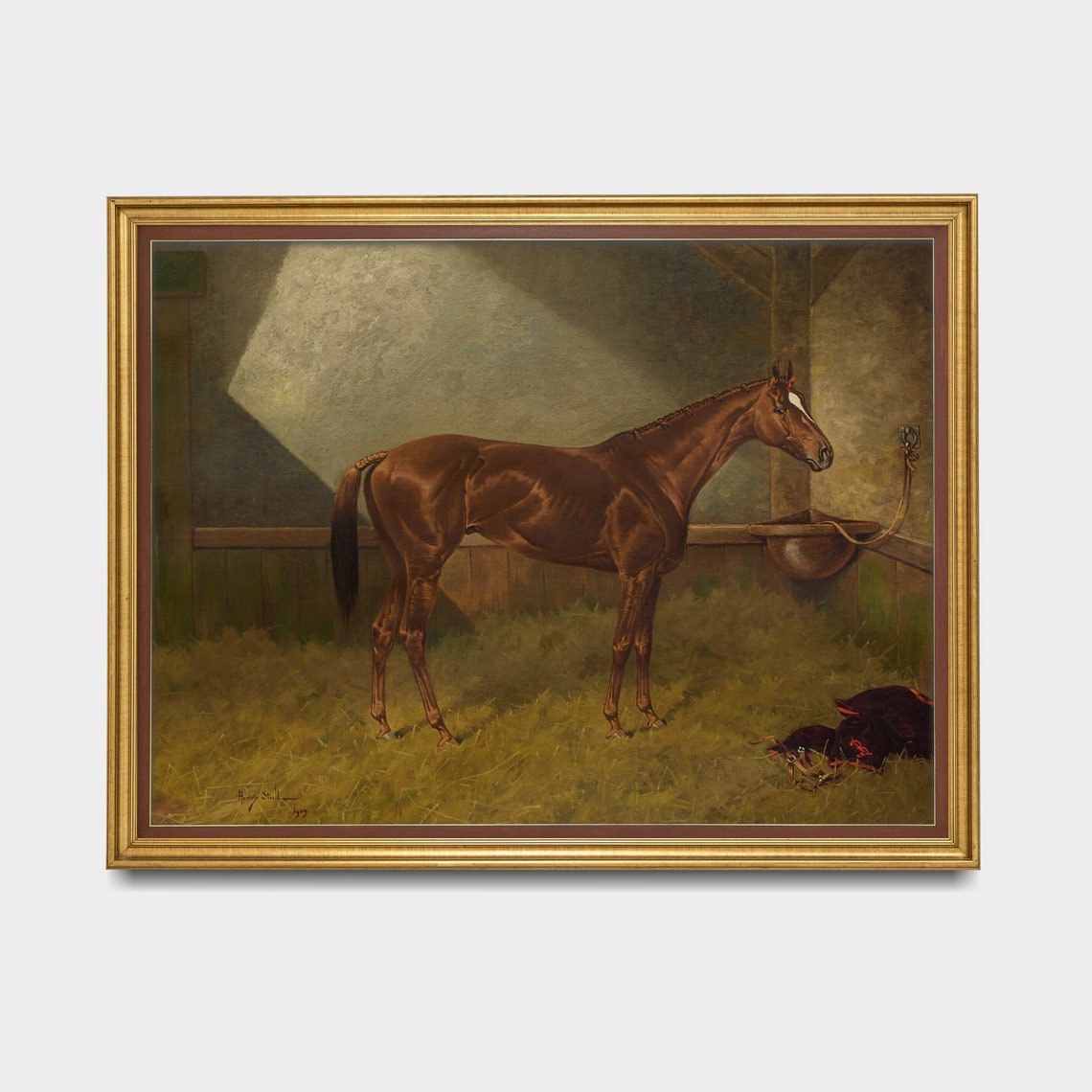 Chestnut Racehorse Standing in a Straw-Filled Sunlit Stable Poster - Image 3