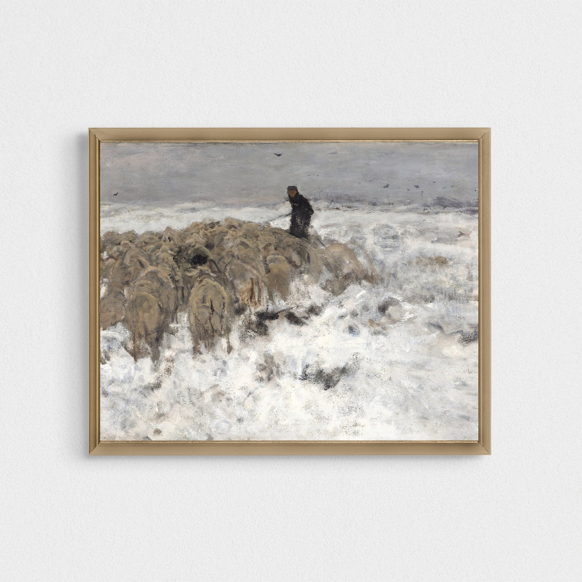 Shepherd Driving Sheep Through a Winter Snowstorm Painting Poster - Image 3