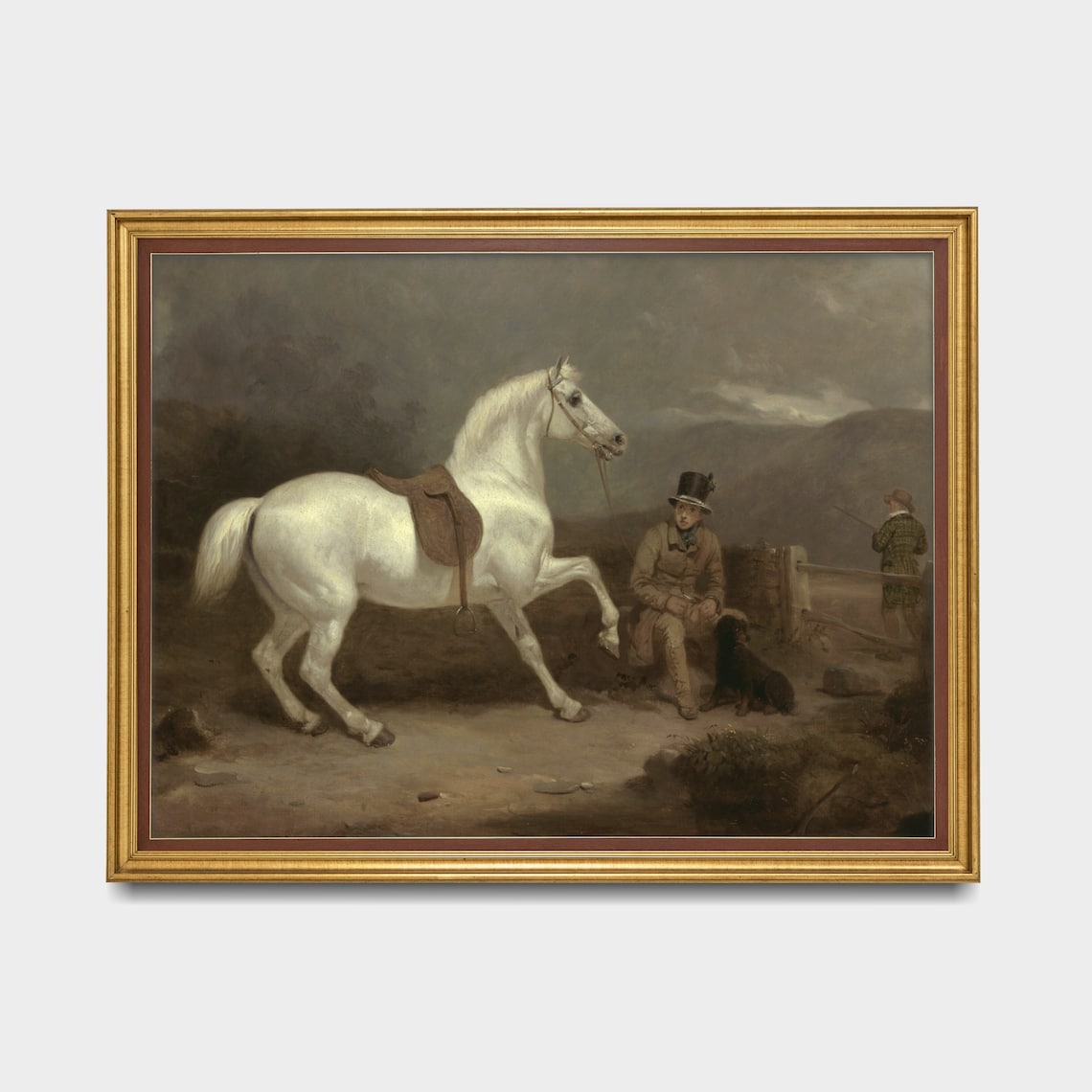 Vintage Equestrian Painting of a White Horse With a Rider Poster - Image 2