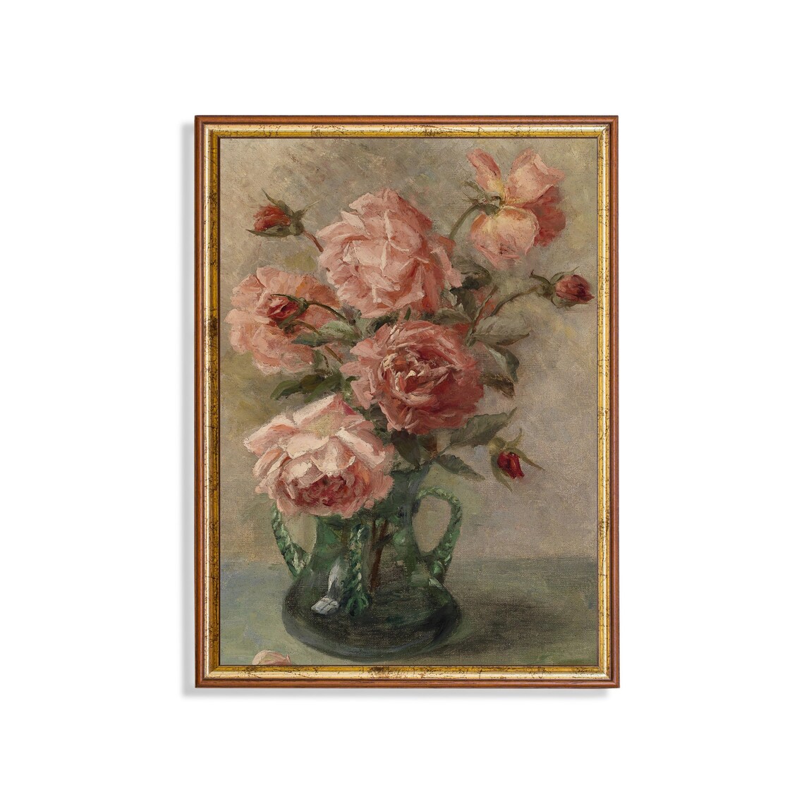 Vintage Pink Roses in Green Glass Pitcher Still Life Oil Poster