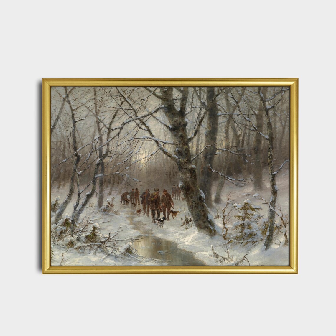 Party Of Hunters With Dogs In A Snowy Winter Forest Vintage Poster - Image 2