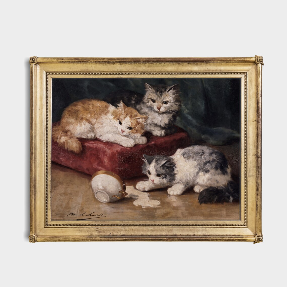 Three Mischievous Kittens With Spilled Milk Vintage Cat Painting Poster - Image 2