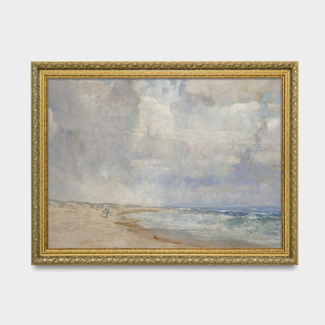 Wide Sandy Beach Under Towering Clouds Vintage Coastal Painting Poster - Image 3