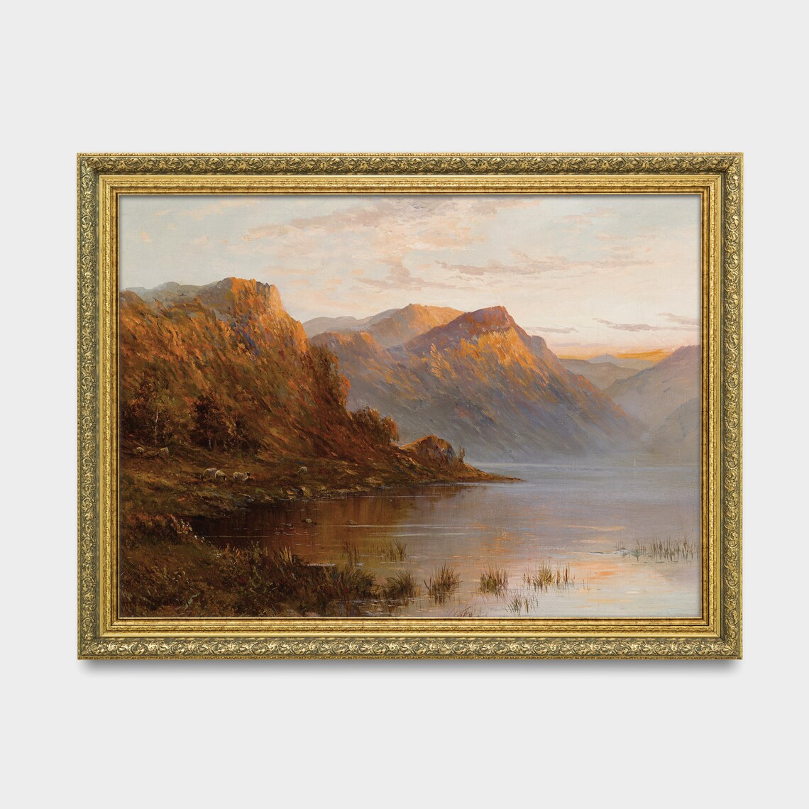Mountain Lake at Sunset With Grazing Sheep Vintage Scenic Poster - Image 2