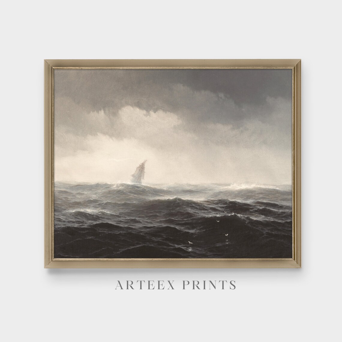 Sailing Ship in Stormy Dark Seas Vintage Seascape Painting Poster - Image 4