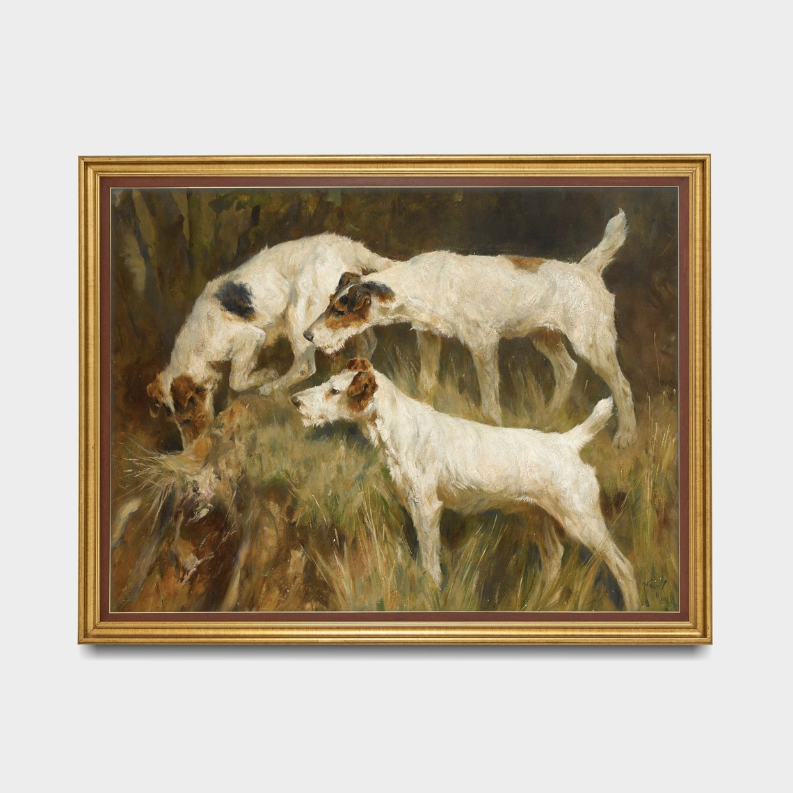 Three Fox Terriers Sniffing at a Burrow in the Dark Woods Poster - Image 5