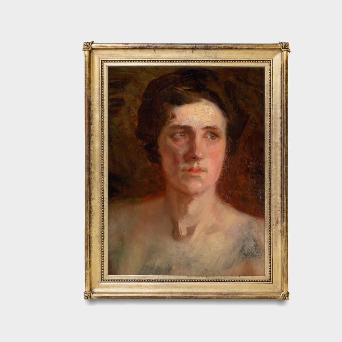 Dark-Haired Woman Glancing Aside Moody Painterly Portrait Poster - Image 3