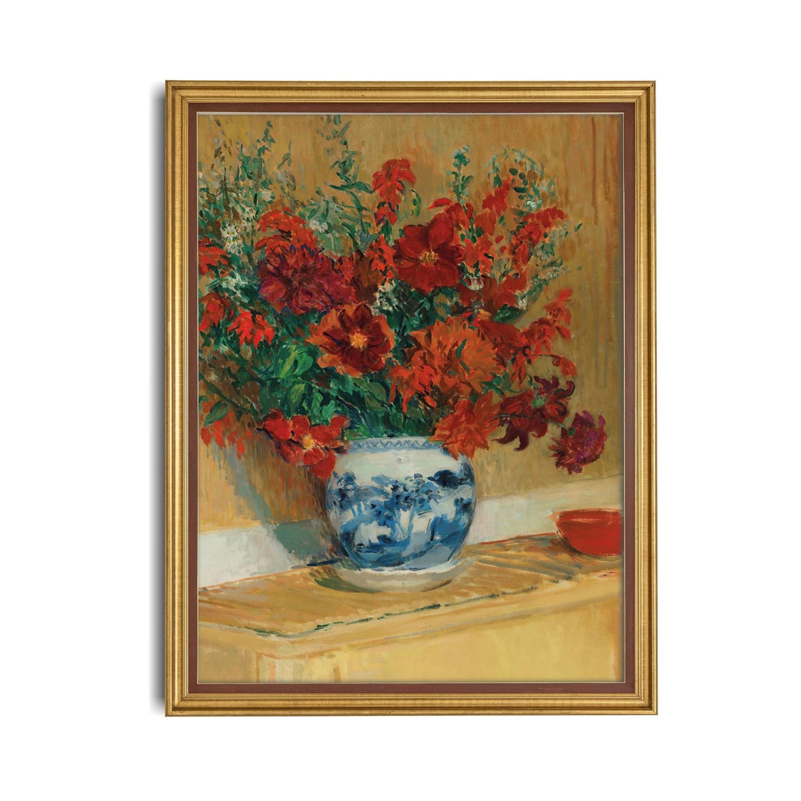 Bright Red Cosmos Bouquet in a Blue and White Vase Floral Poster - Image 4