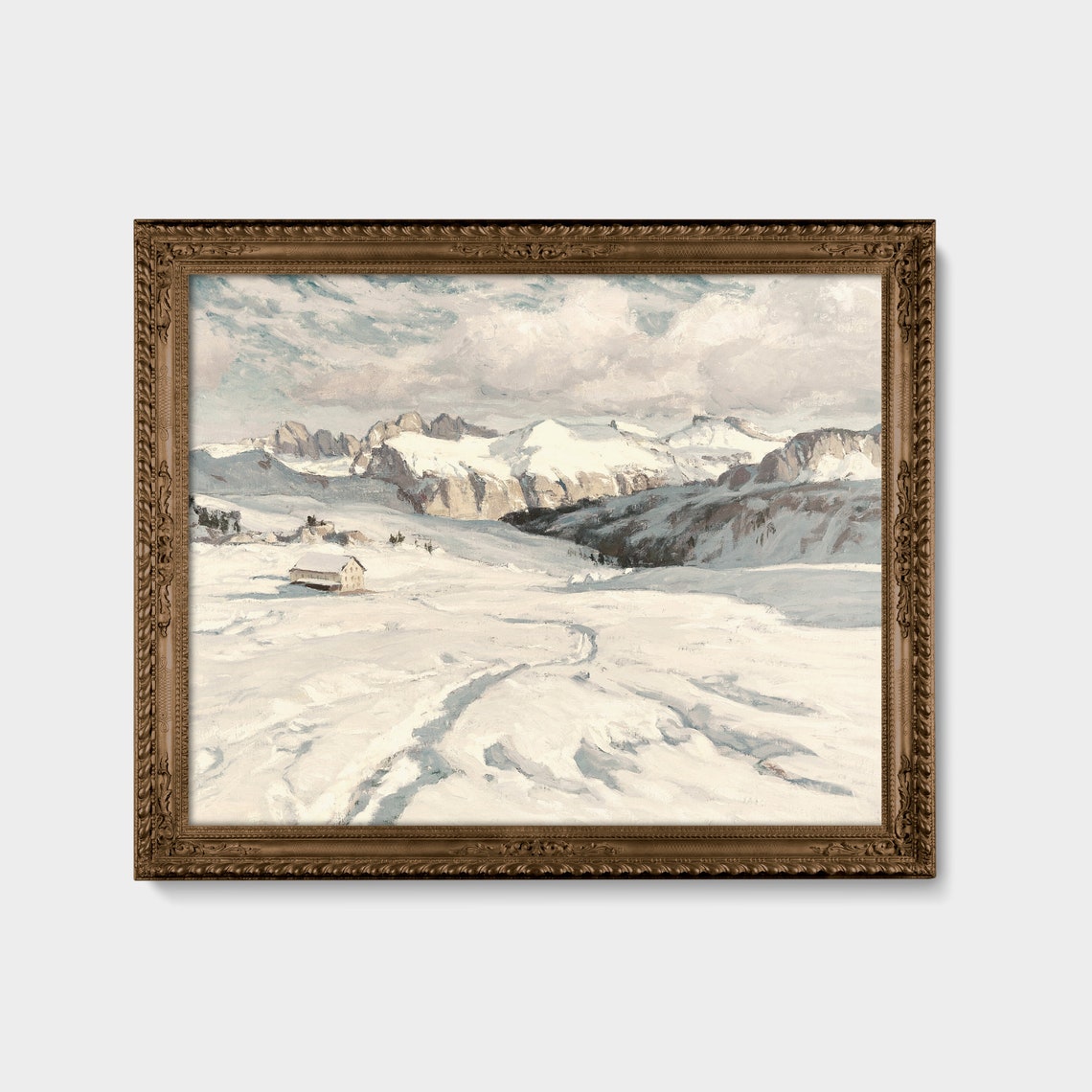 Snowy Alpine Mountain Valley with Lone Cabin Vintage Winter Poster - Image 3