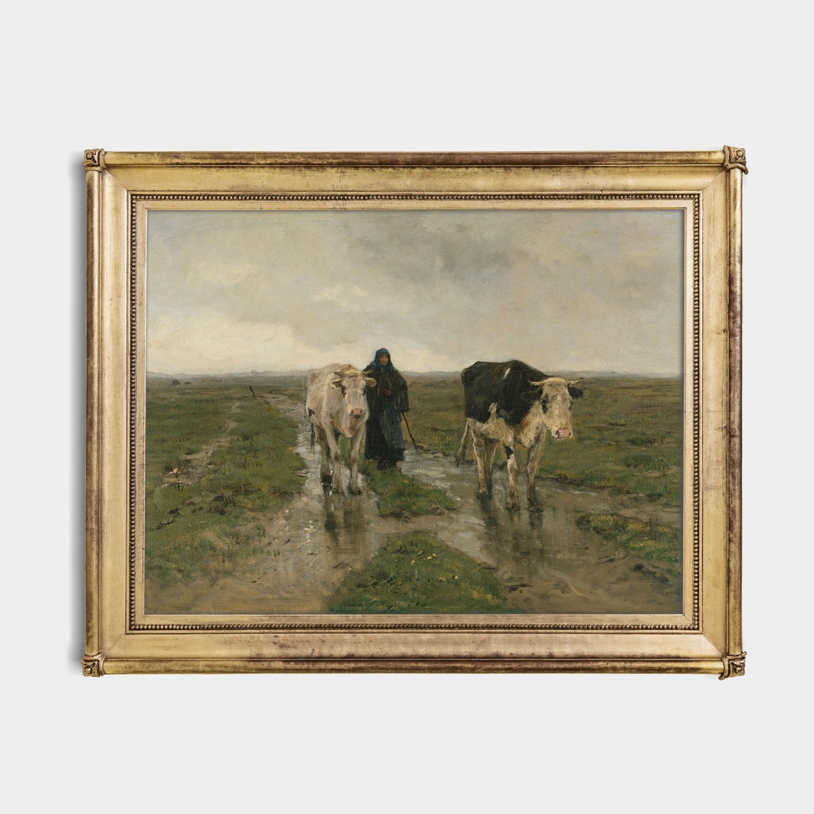 Two Cows Led by a Milkmaid on a Rainy Muddy Meadow Path Poster - Image 2
