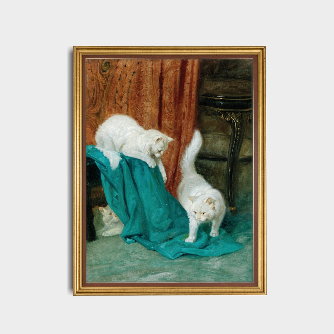 Three White Cats Playing with Teal Fabric Vintage Cat Painting Poster - Image 3