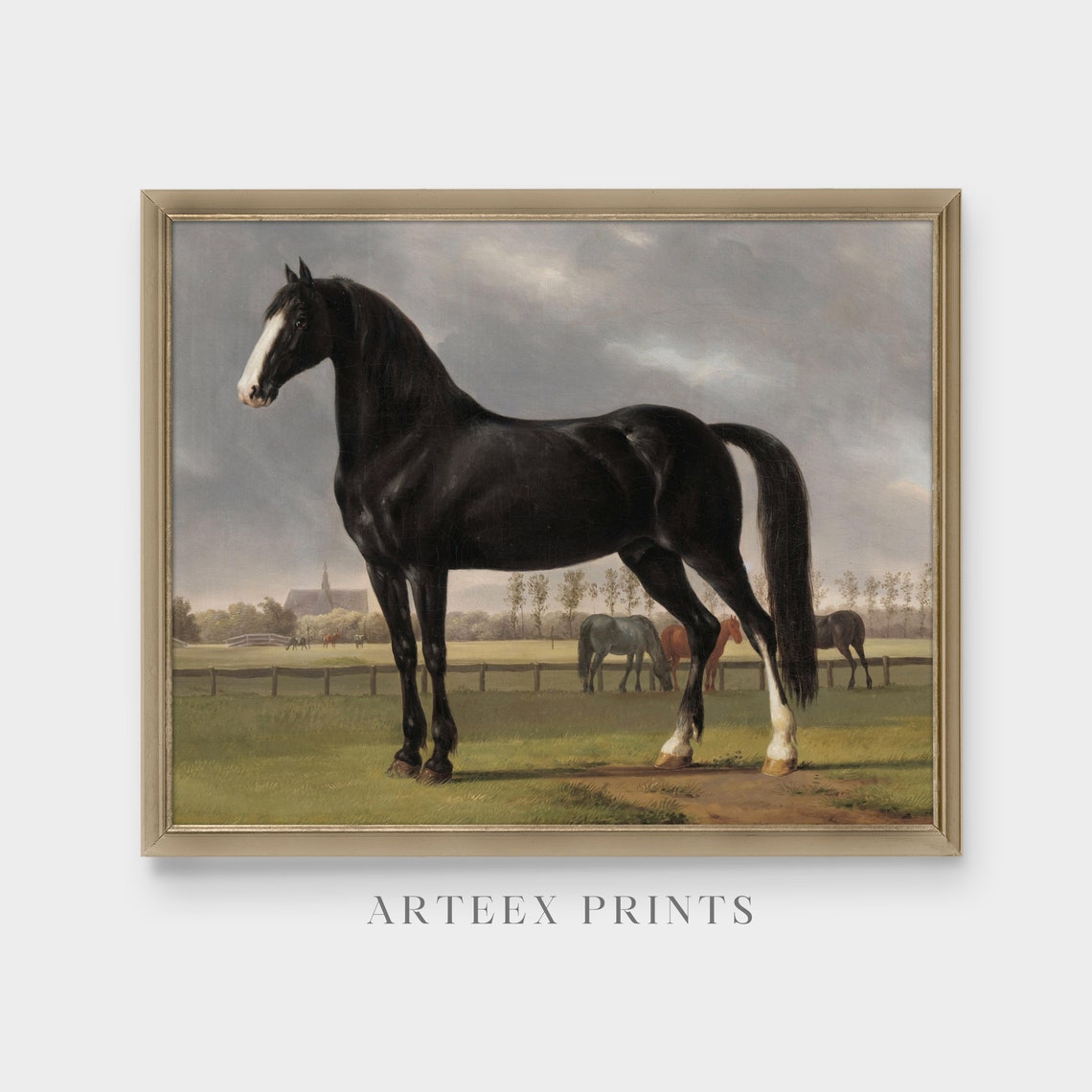 Black Horse Standing Paddock Church Tower Vintage Equine Poster - Image 3