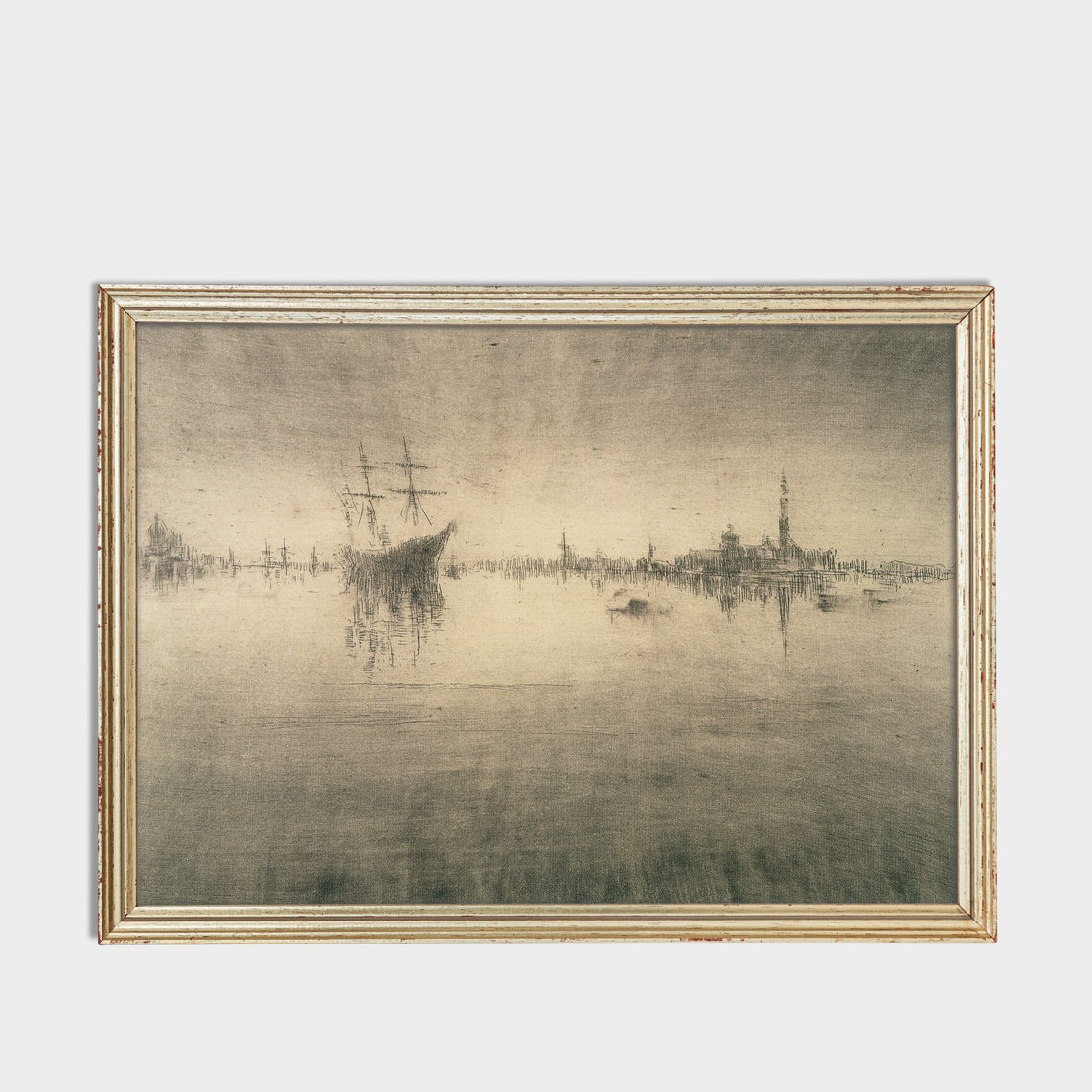 Sepia Misty Harbor with Tall Ship Antique Tonalist Nocturne Print - Image 3