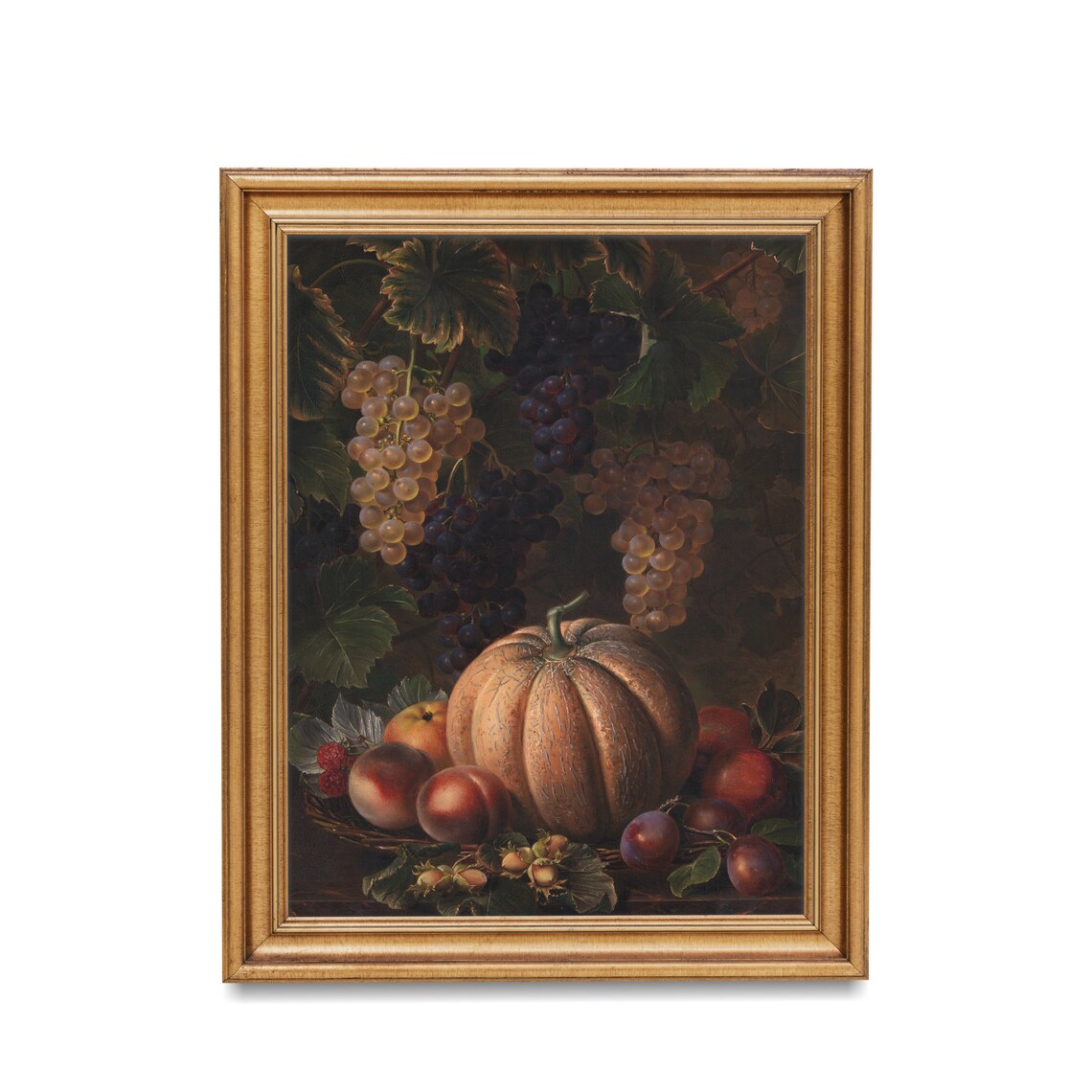 Moody Vintage Fruit Still Life Oil Painting Poster with Melon and Grapes - Image 2