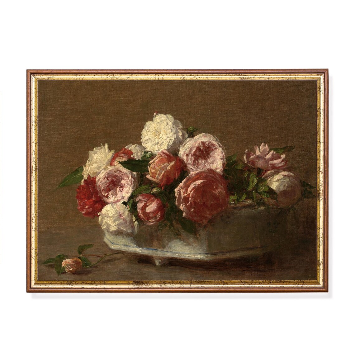 Romantic Bowl Of Pink And White Roses Still Life Oil Painting Poster - Image 5