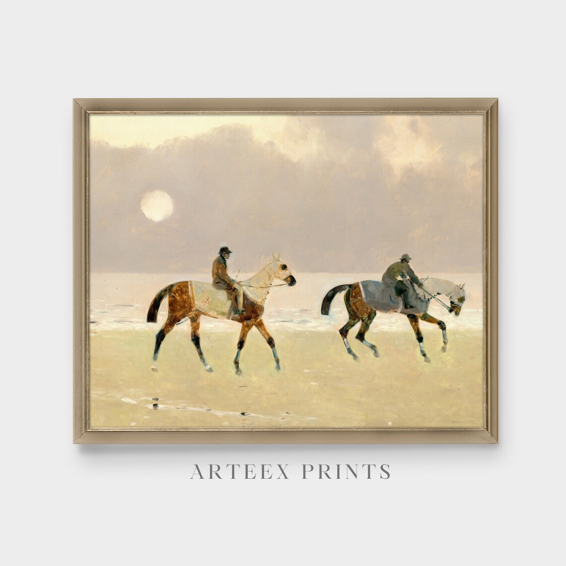Horse Riders On Hazy Beach Antique Equestrian Painting Poster - Image 5