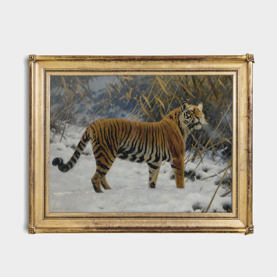 Tiger Standing in the Snow Winter Vintage Wildlife Oil Painting Poster - Image 2