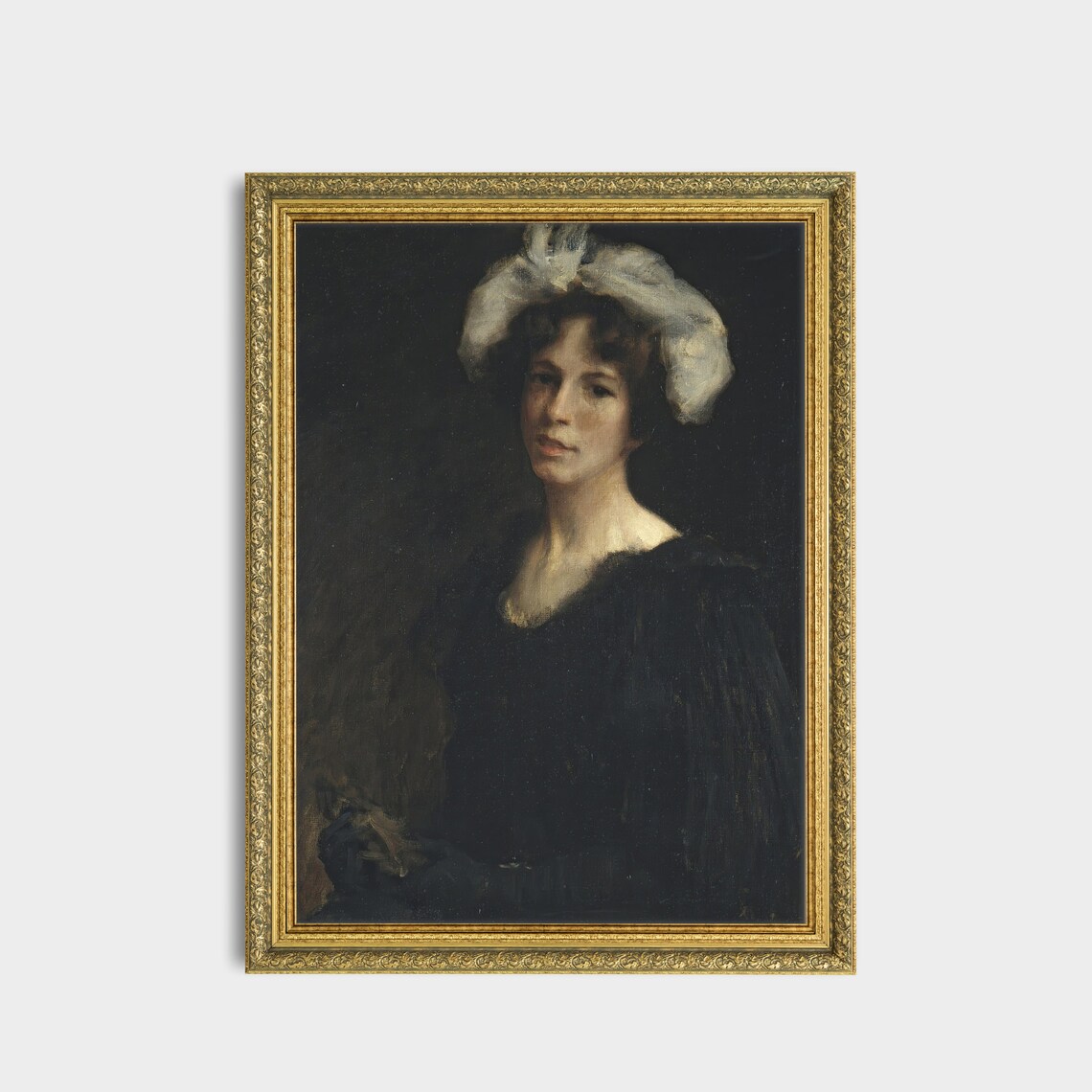 Woman in White Headscarf Dark Oil Vintage Portrait Painting Poster - Image 3