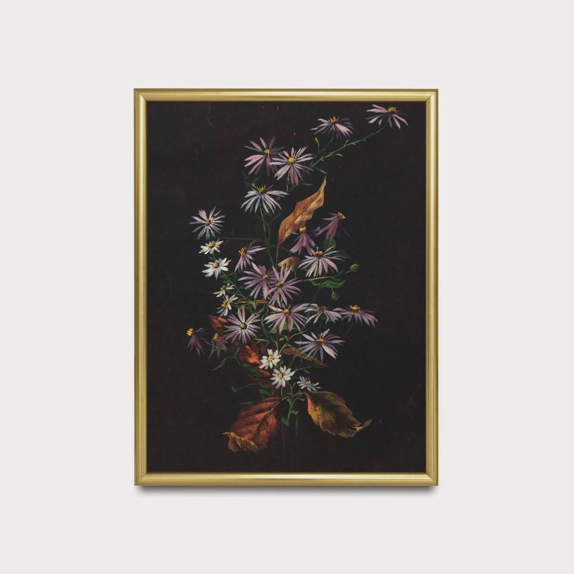 Moody Botanical Asters Wildflowers Dark Floral Vintage Painting Poster - Image 3