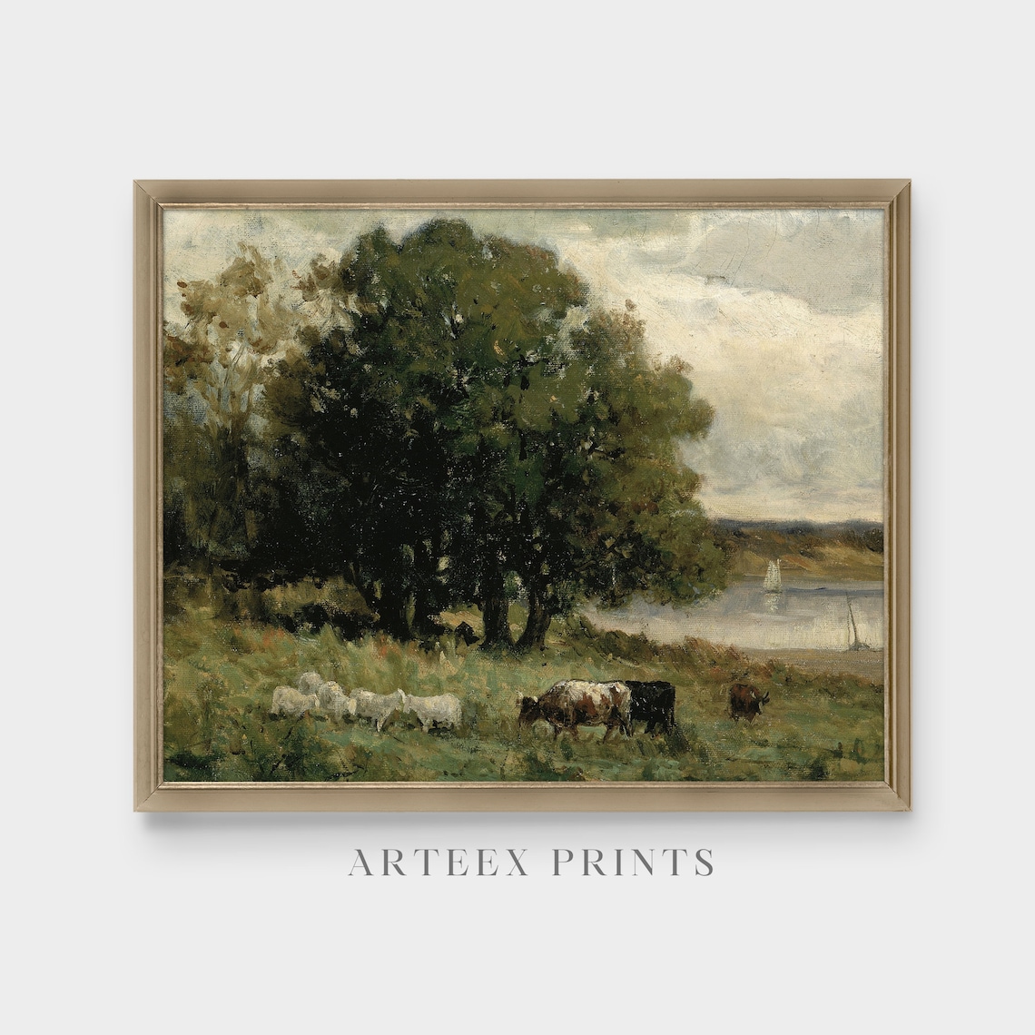 Cow in a Vintage Country Landscape, Antique Print - Image 3