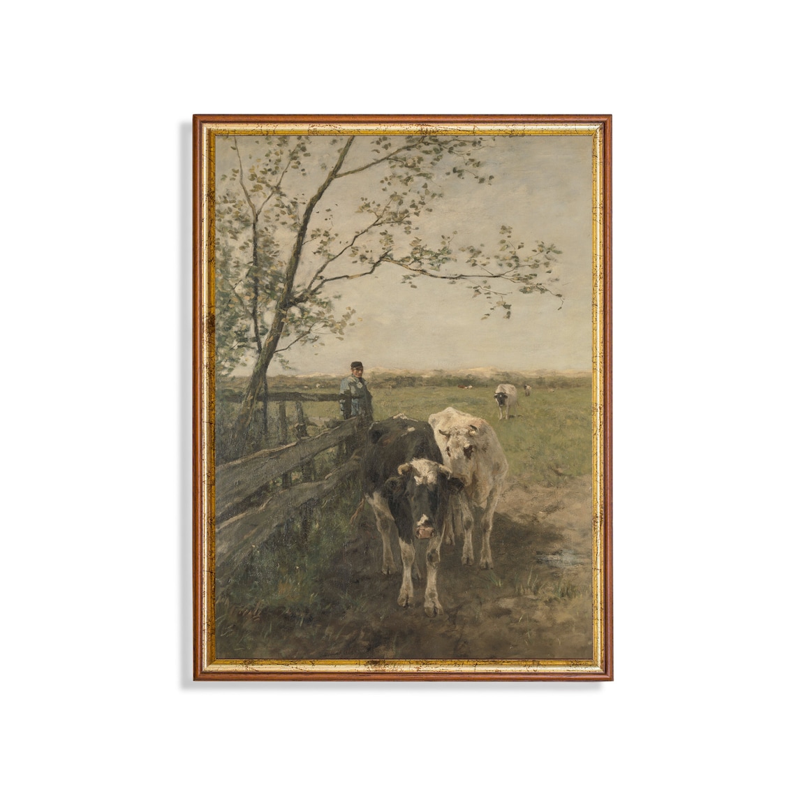 Farm Boy With Two Cows at a Fence Antique Pastoral Scene Poster