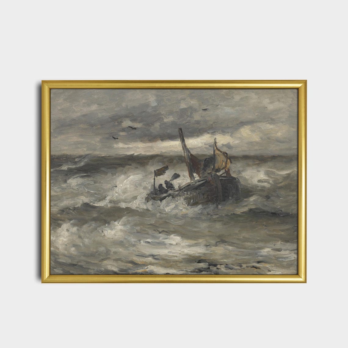 Sailboat Battling Stormy Waves Dramatic Vintage Seascape Art Poster - Image 2