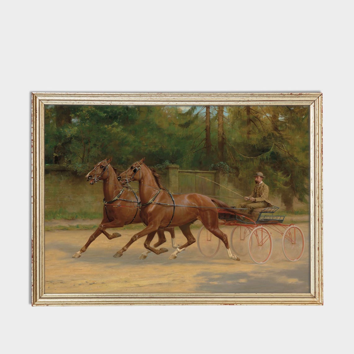 Two Chestnut Horses Pulling Carriage Driver Vintage Equine Art Poster - Image 3