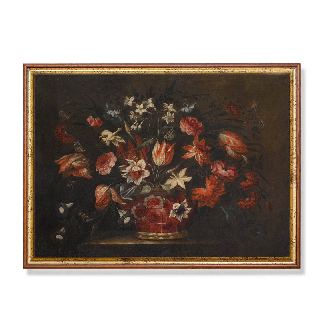 Red Tulips and Roses in a Basket Dutch Floral Still Life Poster
