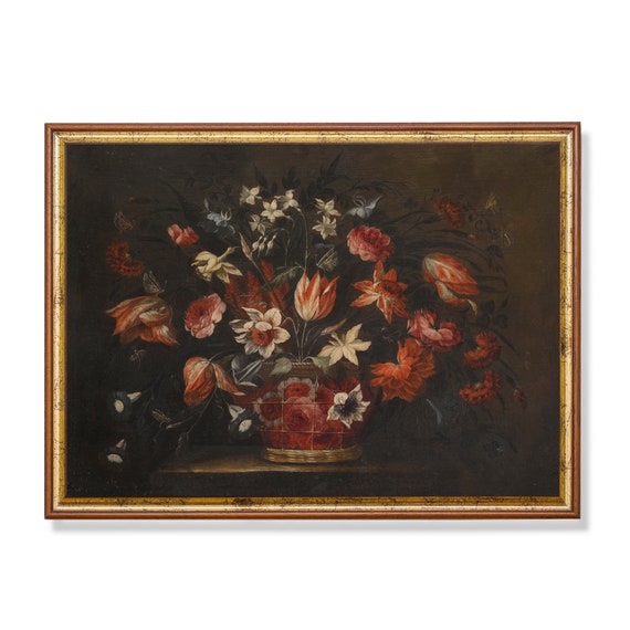 Vintage Still Life With Flowers Antique Floral Painting Moody Rustic Print Farmhouse Decor Wall Art